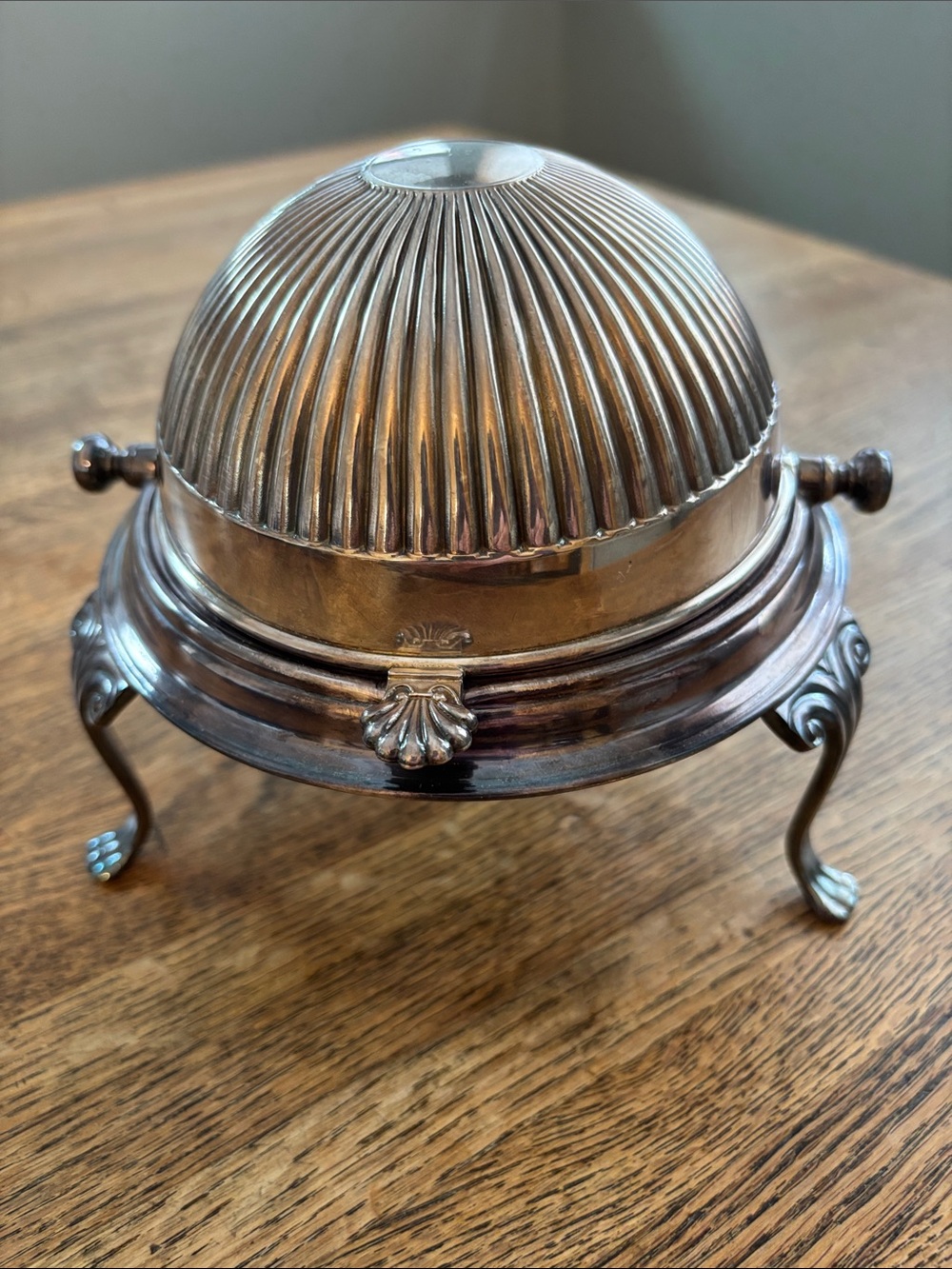 Vintage Silverplated EPNS Roll Top Butter or Caviar Dish w/ Scroll Legs England